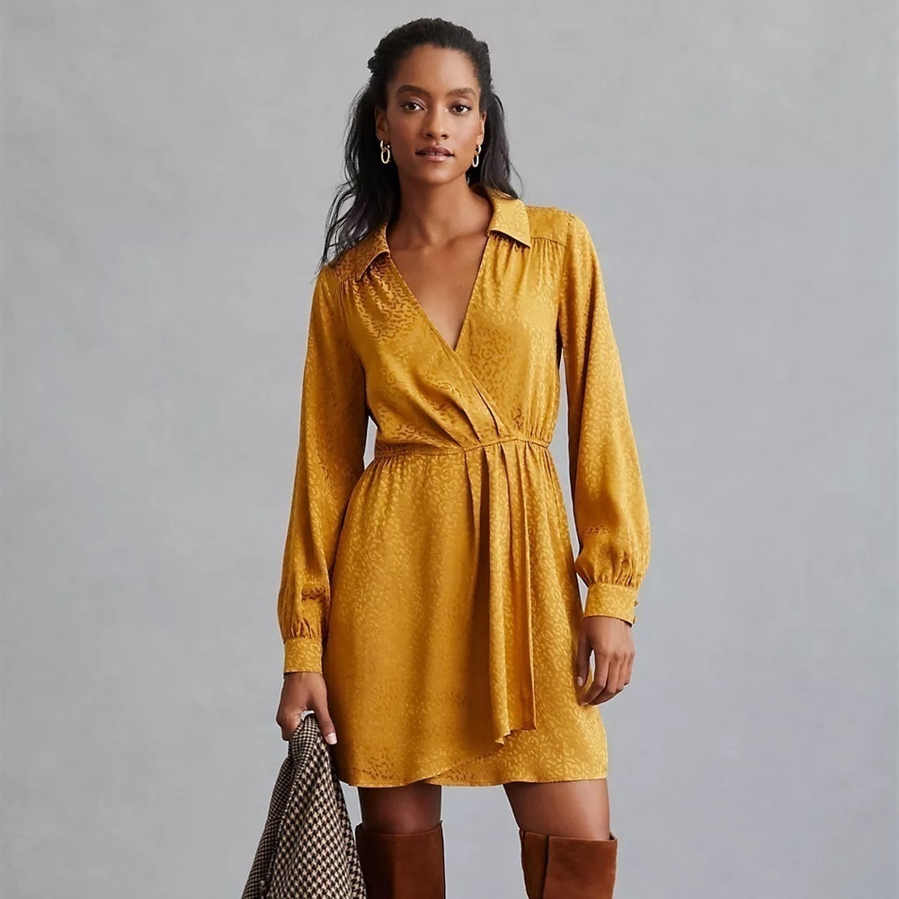 Anthropologie Long-Sleeve Yellow Leopard Print Shimmer Mini Dress Size Medium